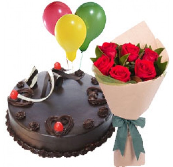 Wholesome Delicious 1/2 Kg Truffle Cake with 6 Red Roses Bunch and 3 Balloons